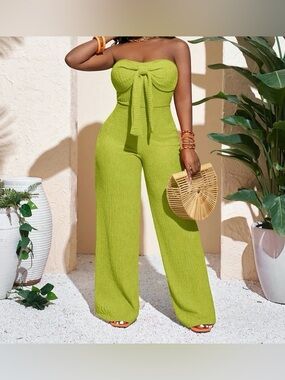Strapless Tie-Front Wide-Leg Jumpsuit - Lime